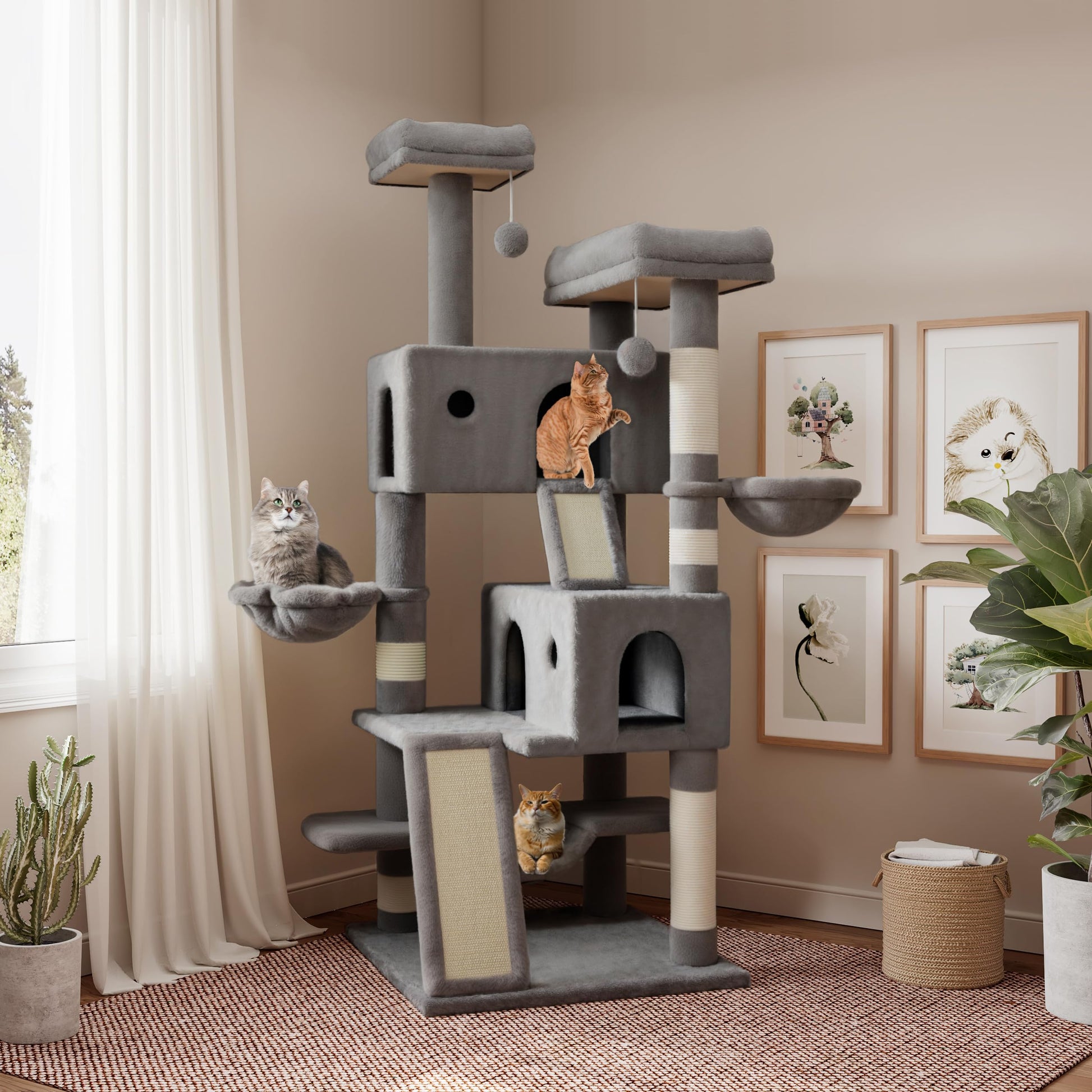 SHA CERLIN 65in Larger Cat Tree Tower Condo for Indoor Cats, Multi-Level Furniture Activity Center with Wide Base/Cozy Plush Cat Perches/Baskets/Sisal Scratching Posts and Hammock/Beige