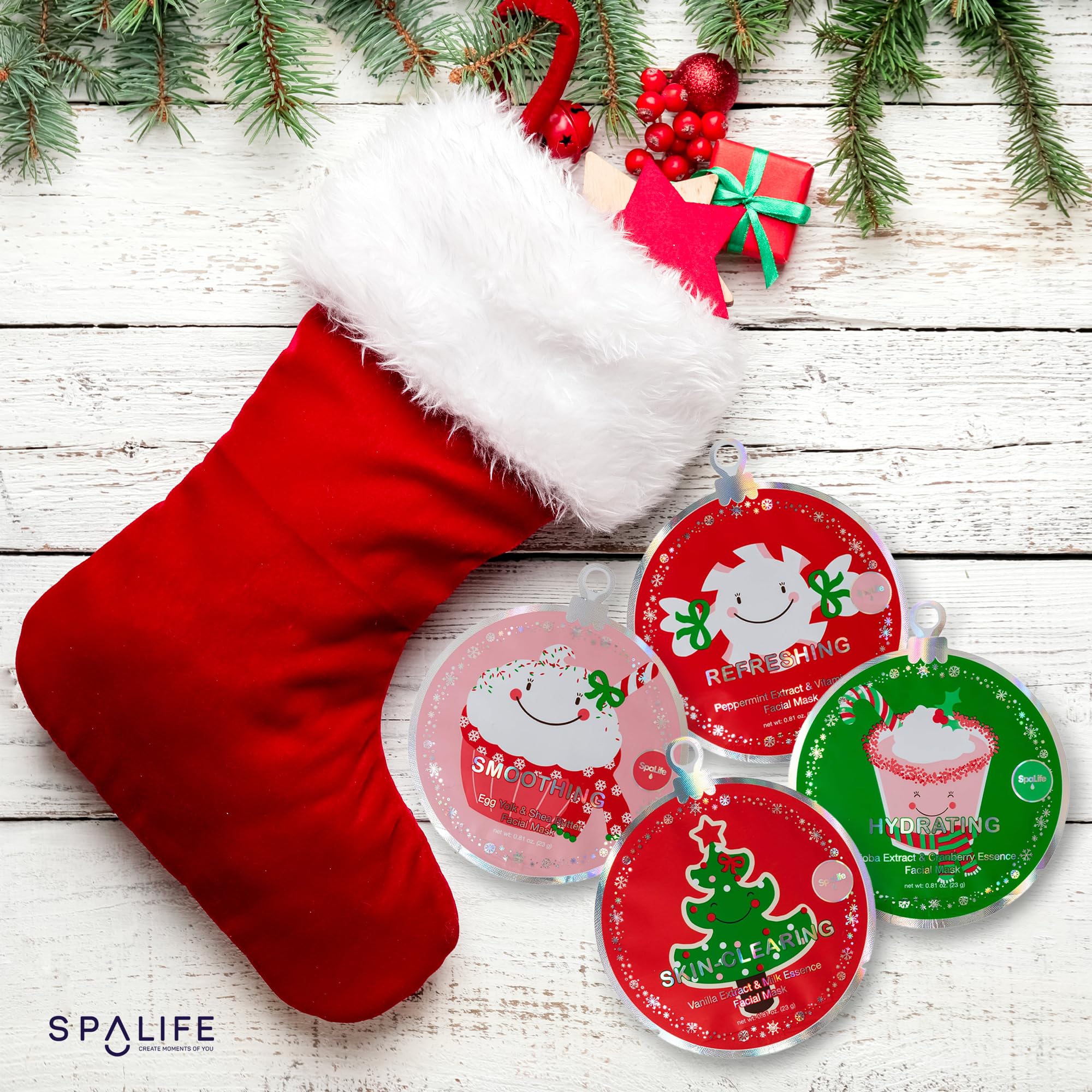 SpaLife Holiday Treats Facial Masks 12-Pack Assorted - Festive Christmas Skincare for Soothing and Nourishing - Gingerbread, Sundae, Cocoa & Eggnog