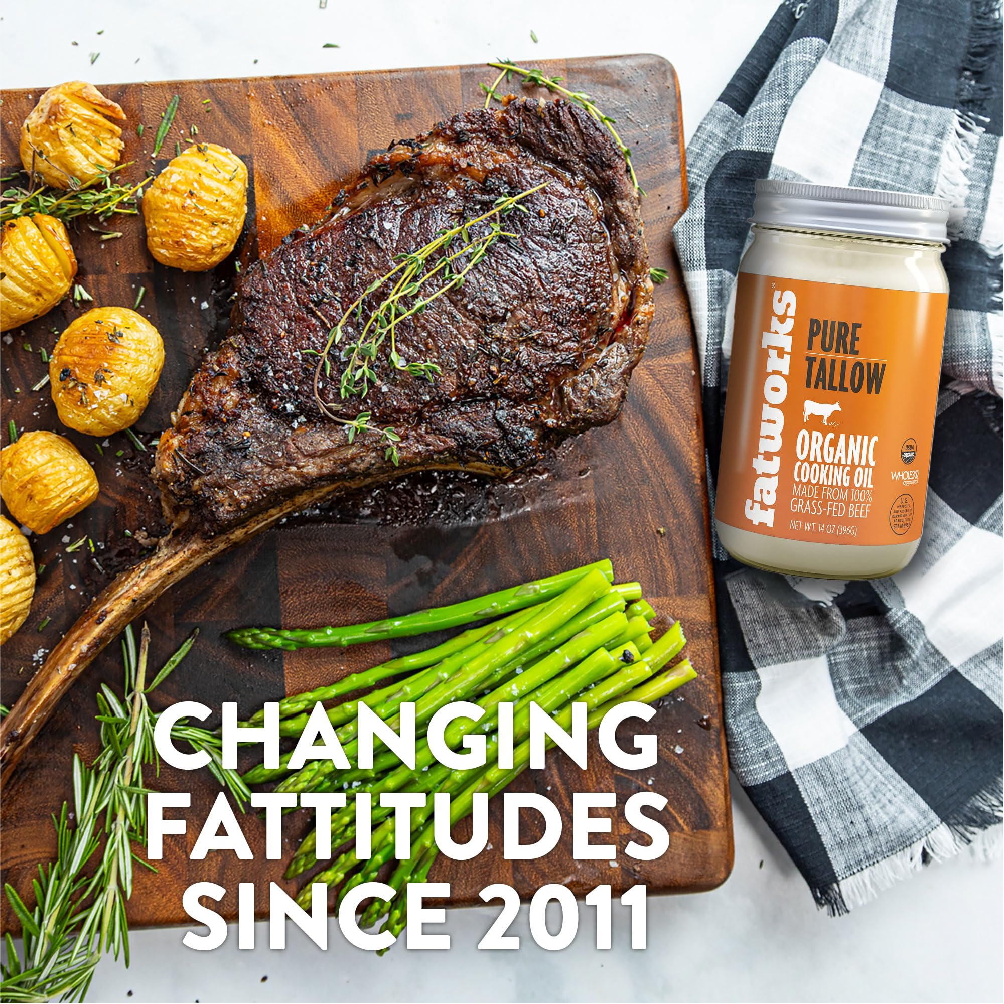 Fatworks Organic Grass-Fed Beef Tallow, Certified Organic Non-Gmo Pasture-Raised Beef Tallow, sourced from several small family ranchers, KETO friendly, exclusive to Fatworks, 14 oz.