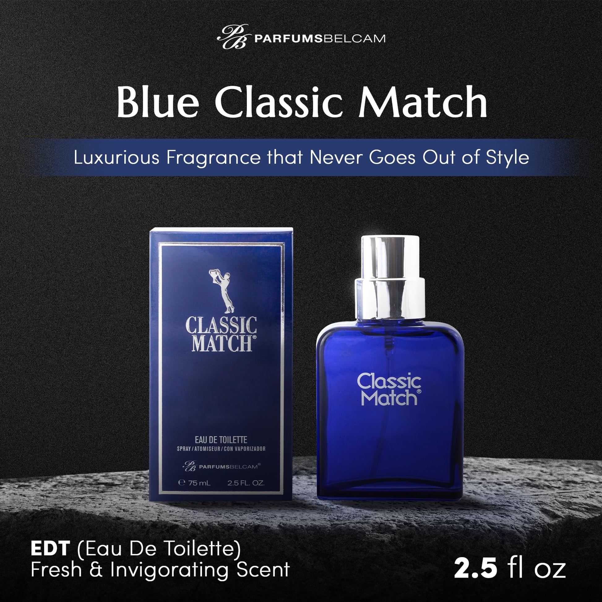 PB ParfumsBelcam Blue Classic Match Eau de Toilette Spray for Men – Modern Citrus Fougere Fragrance, Notes of Melon, Moss and Patchouli, Cologne Alternative, Signature Fragrance – 2.54 Fl Oz
