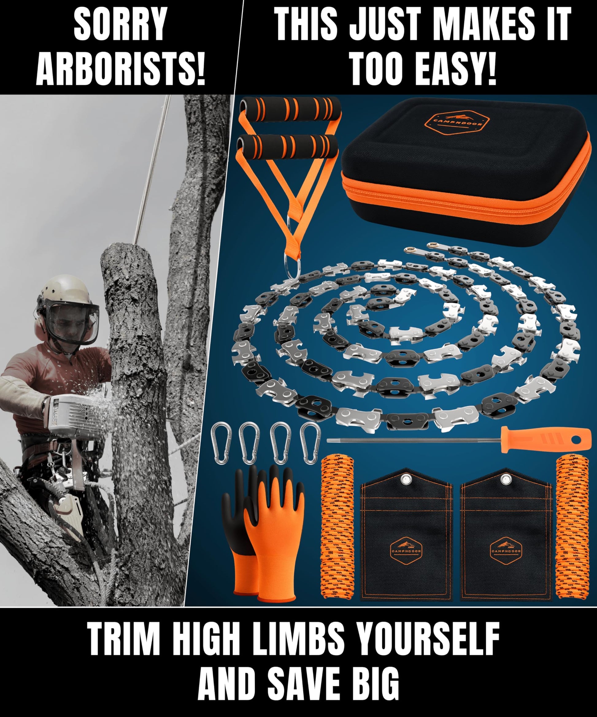 CAMPNDOOR High Limb Rope Saw 53 In - Zero Effort 360 Rope Chain Saw - Sharp Manual Tree Limb Cutter - Hand Chainsaw with Ergonomic Handles and Carrying Case - Fast and Easy Pocket Chainsaw