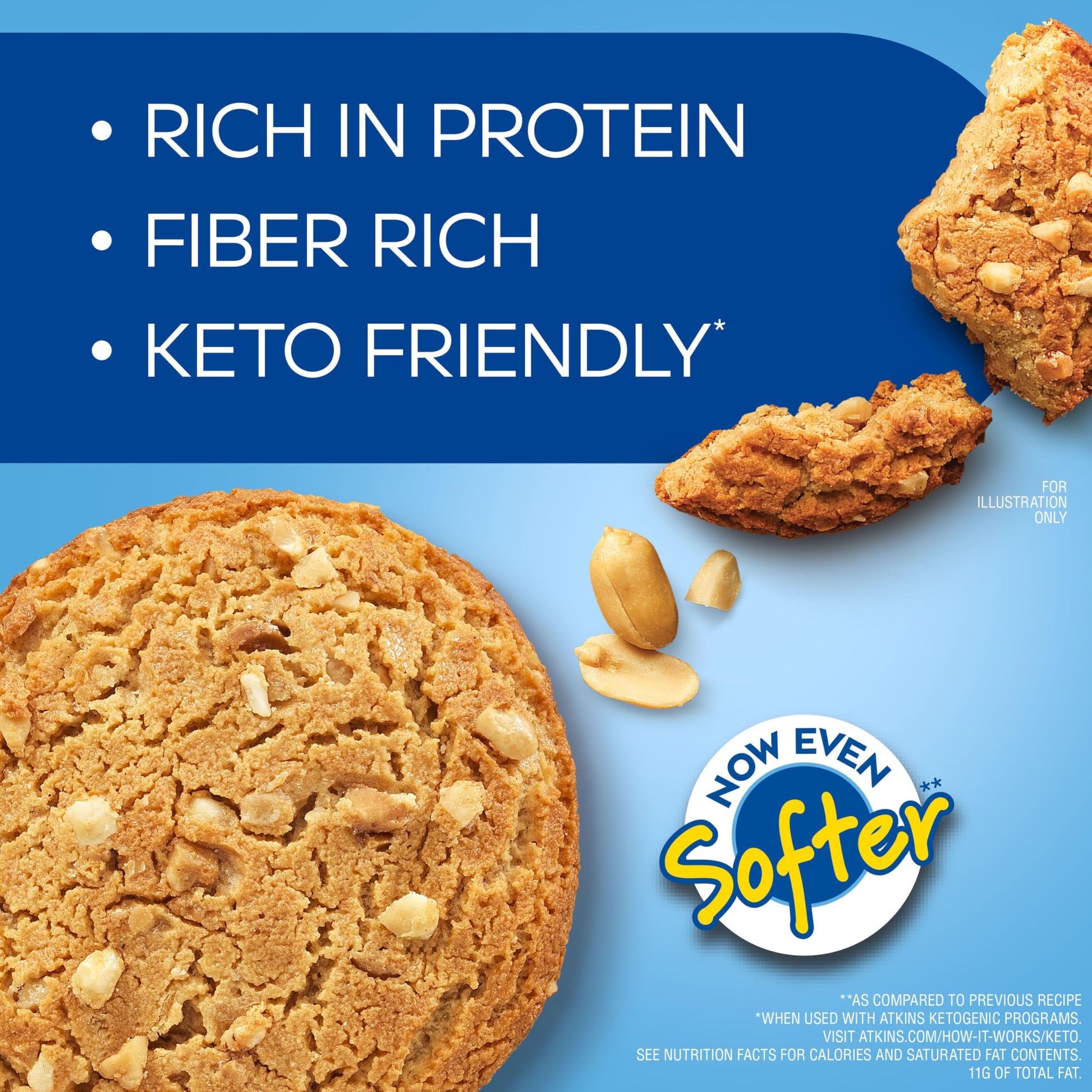 Atkins Peanut Butter Protein Cookie, Protein Dessert, Rich in Fiber, 3g Net Carb, 1g Sugar, Keto Friendly, 4 Count