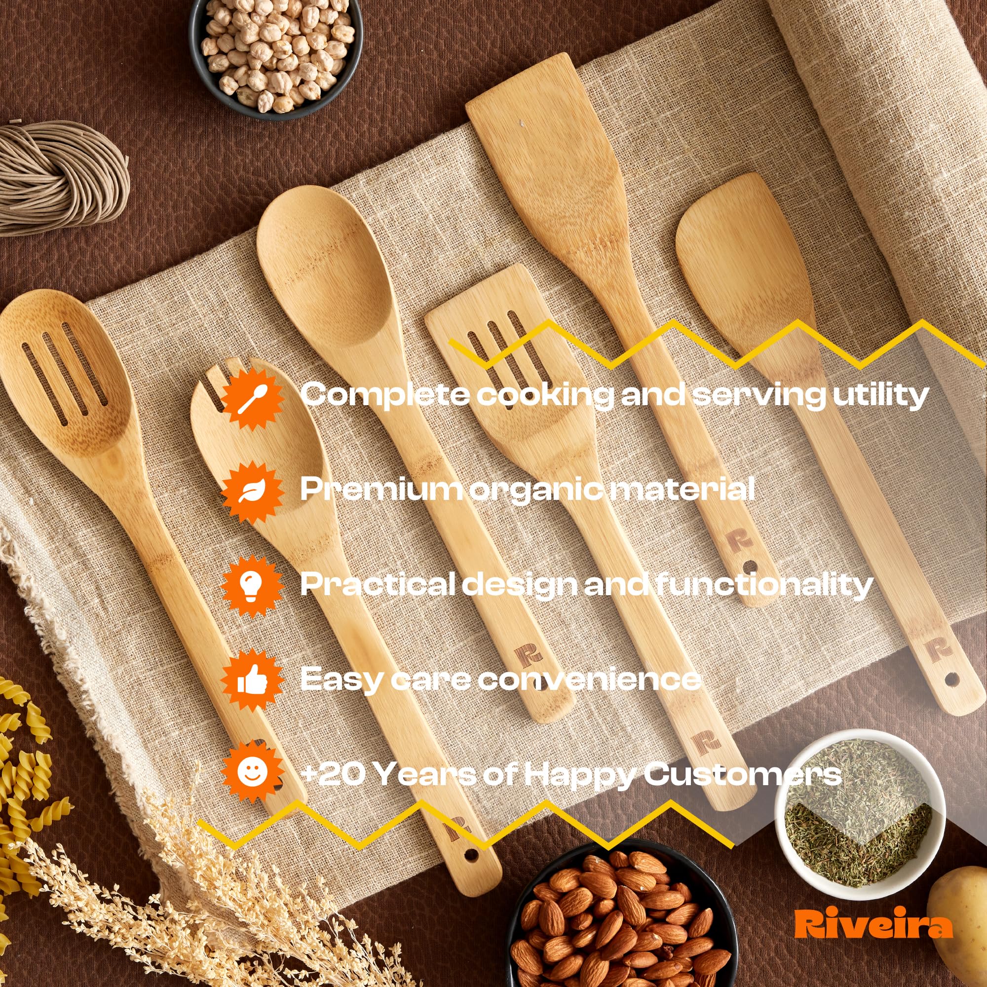 Riveira Bamboo Cooking Spoons 6-Piece – Wooden Cooking Utensils Set with Wooden Spoons for Cooking & Spatulas Wooden Utensil Sets – Premium Kitchen Utensils Set – Durable First Apartment Essentials