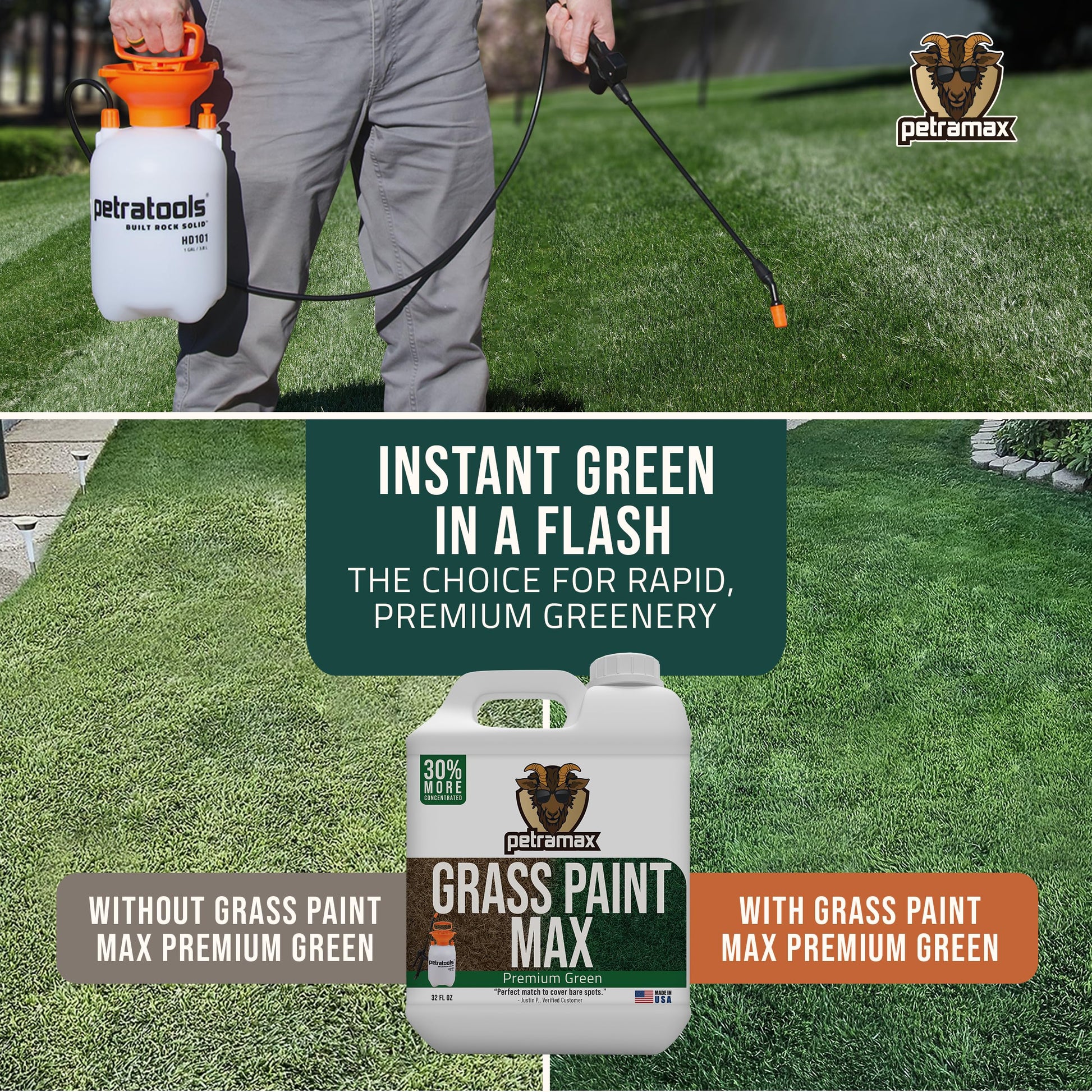 PetraMax Max Grass Paint for Lawn - Maintain Perfect Green Grass, Spray for Lawn & Shrubs Green Spray, Paint Pair with Petra Sprayers - Touch up Dog Spots - Non-Toxic Safe for Pets (Premium, 32 oz)