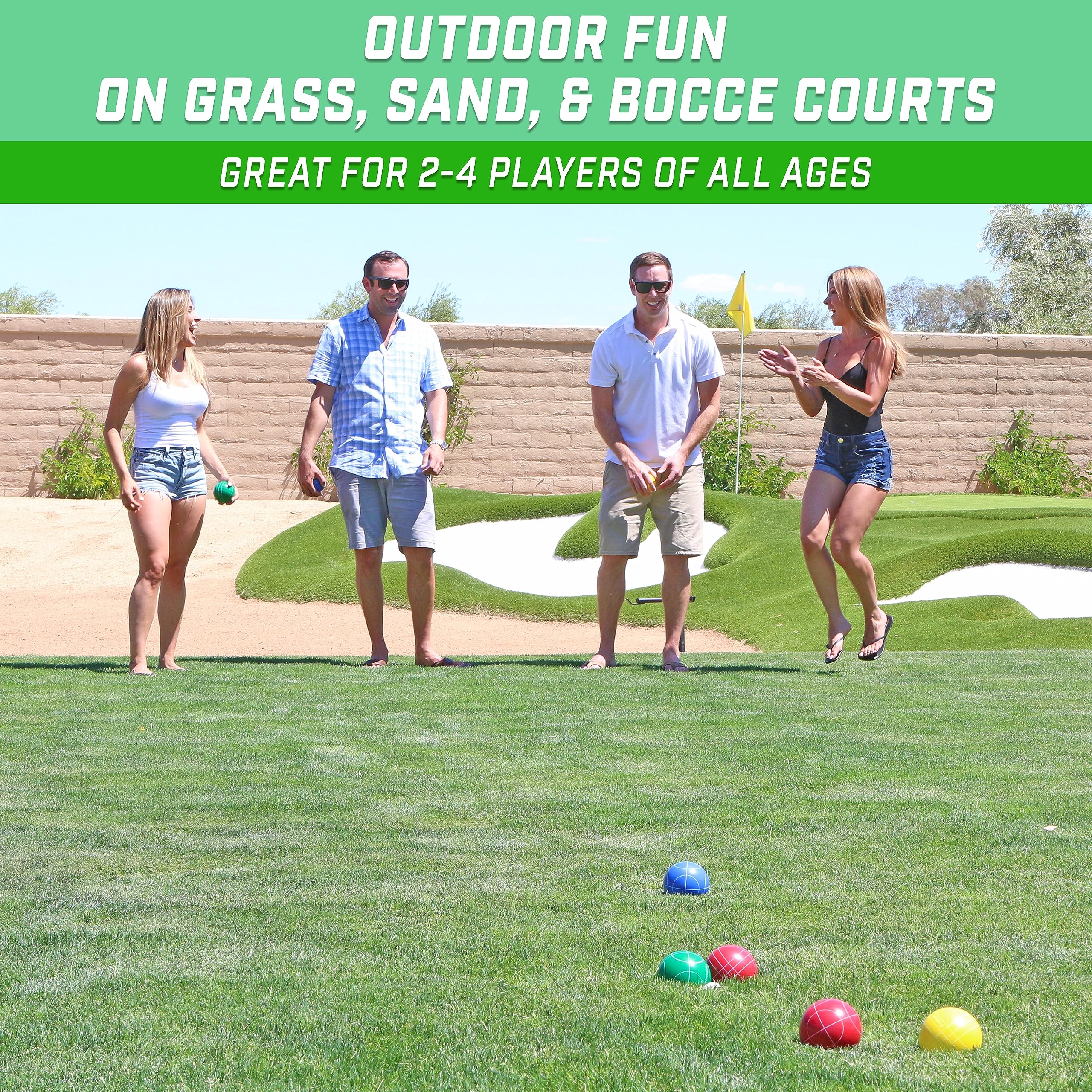 GoSports 90 mm Backyard Bocce Set with 8 Balls, Pallino, Case and Measuring Rope - Made from Premium Resin
