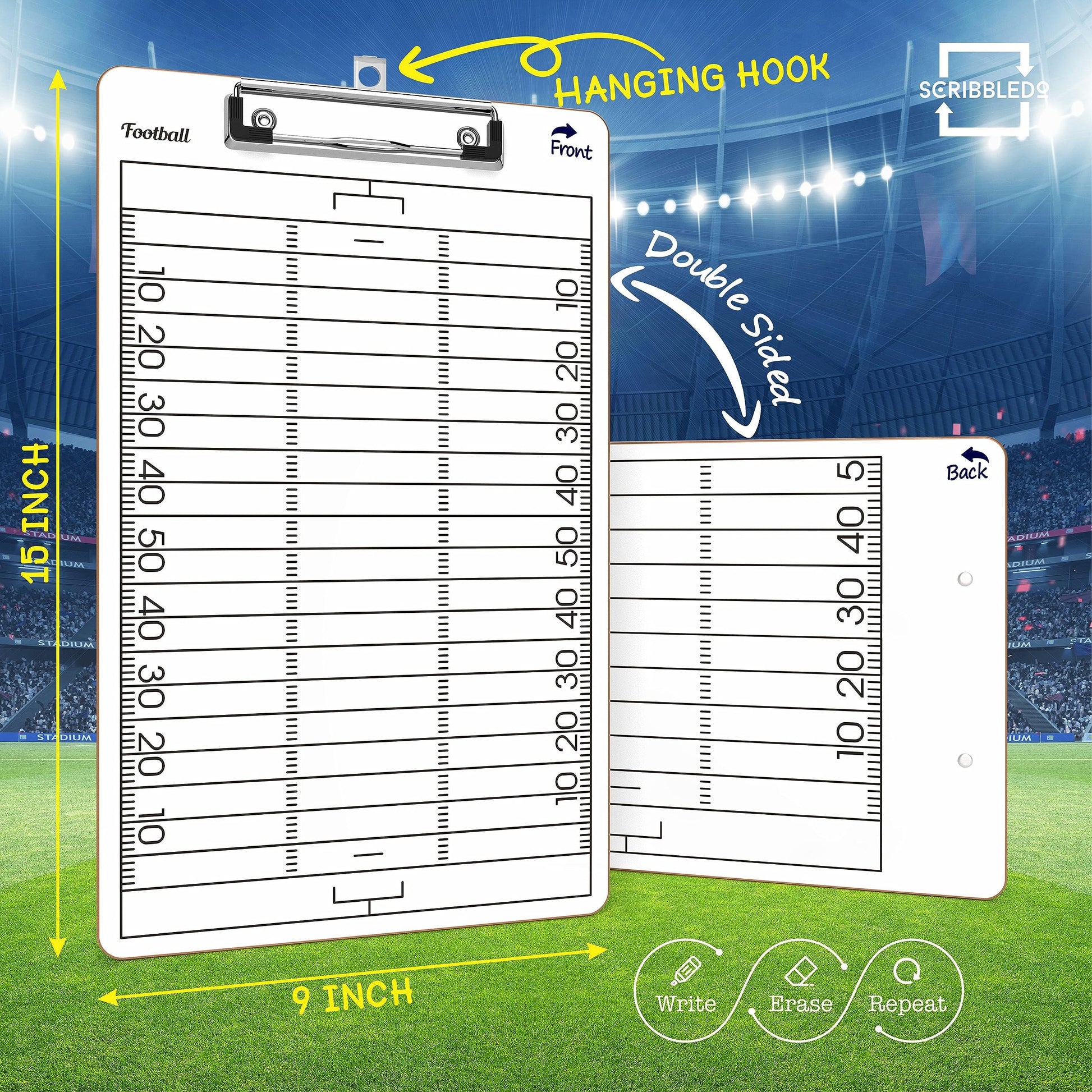 SCRIBBLEDO Double Sided Football Dry Erase Board for Coaches 15x9 Whiteboard Coaching Clipboard Equipment Accessories - Perfect Coach Gift