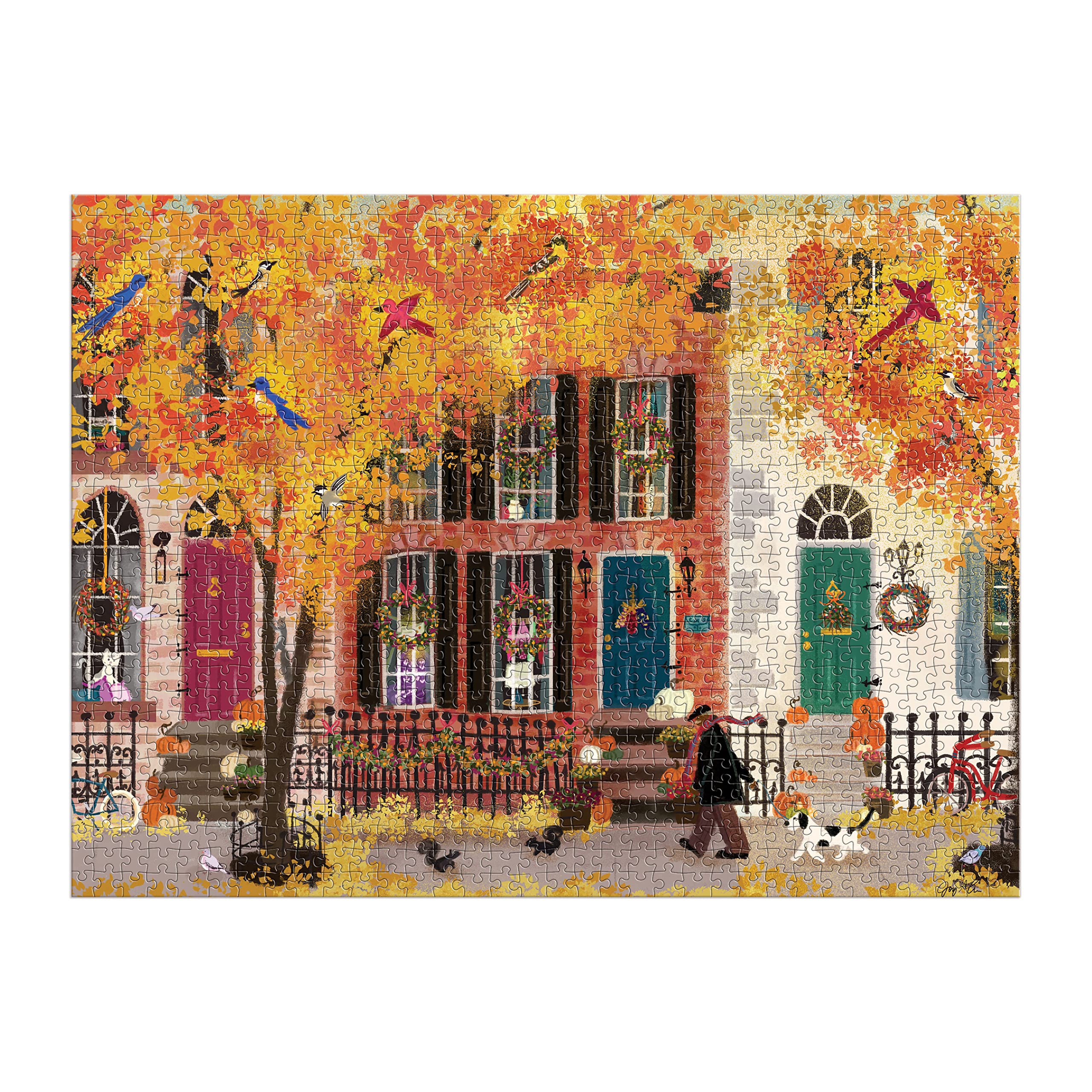Galison Autumn in The Neighborhood 1000 Piece Puzzle from Galison - 27" x 20" Beautifully Illustrated Puzzle from Joy LaForme, Thick & Sturdy Pieces, Challenging Activity for Adults, Unique Gift Idea!