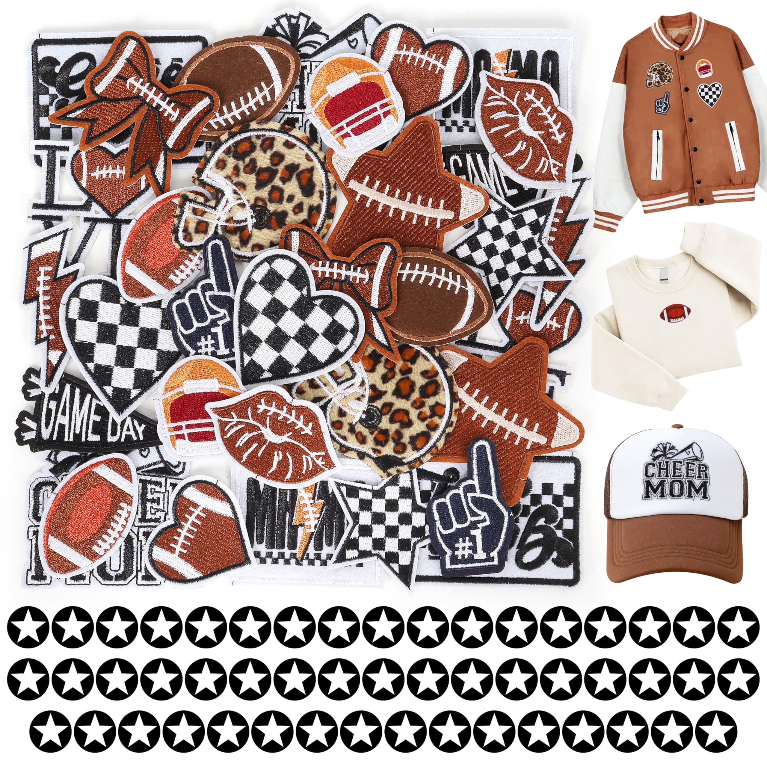 Iron On Embroidered Football Patches for Hats: Meneng 84PCS Football Helmet Sports Patch for Jackets Hoodies Backpacks - Star Stickers Sew On Applique for Football Enthusiasts Team Fans DIY Cratfs