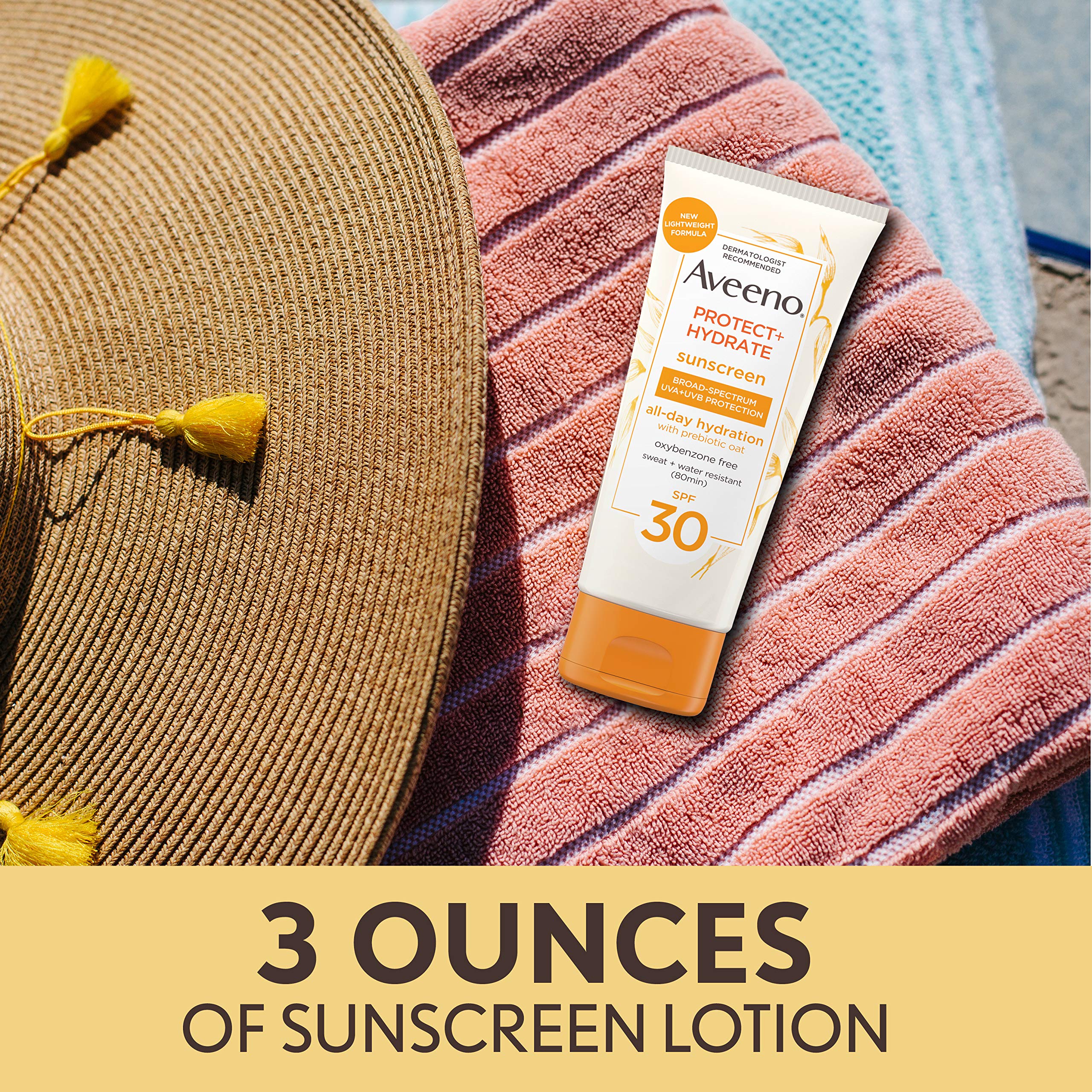 Aveeno Protect + Hydrate Sunscreen Moisturizing Body Lotion with Broad Spectrum SPF 60 and Prebiotic Oat, Weightless, Paraben, Oxybenzone, and Oil Free Sunscreen, 12 FL OZ