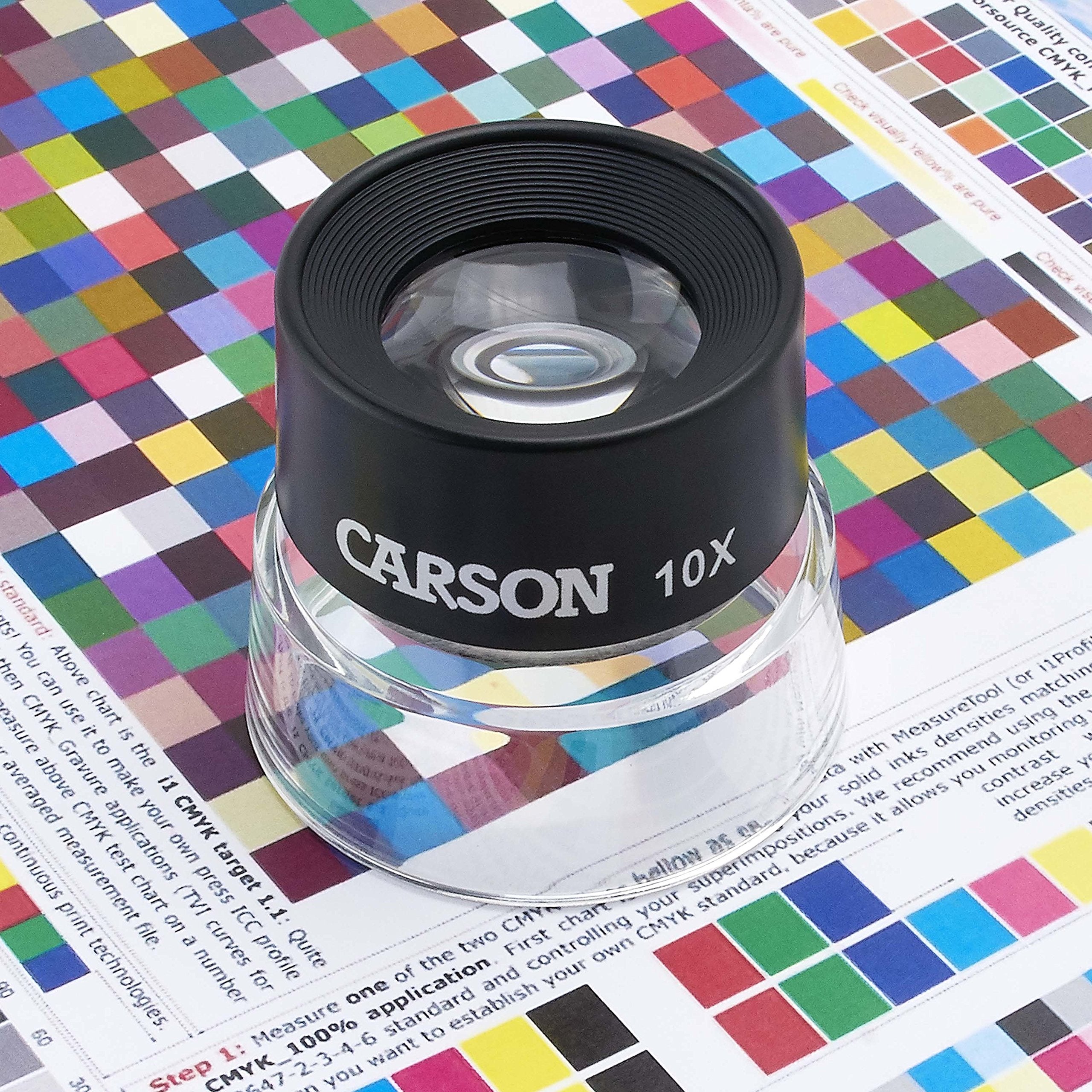 Carson LumiLoupe 10X Power Black/Clear Stand Magnifier, Ambient Light, 1.0 inch Lens Diameter, 2.0 inch Base Diameter, 2.0 x 1.75 x 2.0 inches, 0.05 kg