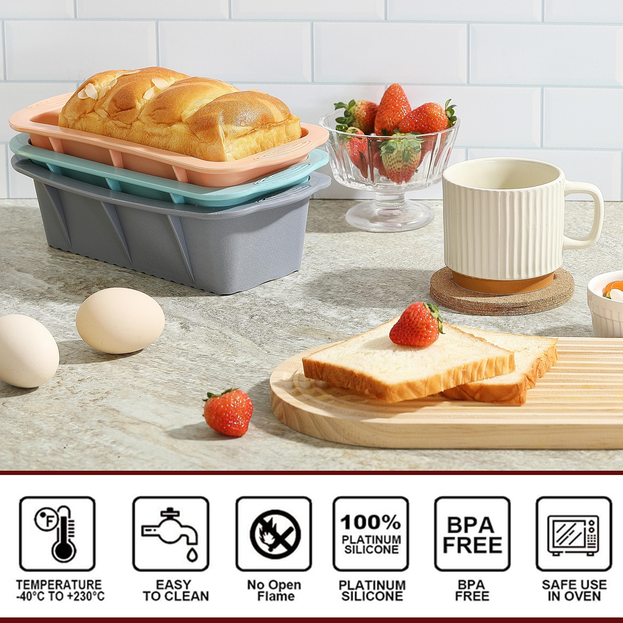 MONGSEW 3PCS Silicone Bread Loaf Pan, Non-Stick Bread Pans for Baking, Easy Release Loaf Pan, Great for Homemade Bread, Cakes, Brownies, Dishwasher Safe (3 Colors, Nesting Design)
