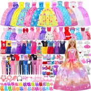 135 Pcs Doll Clothes and Accessories with Doll, Princess Gowns, Fashion Dresses, Slip Dresses, Top, Pants, Jumpsuit, Swimsuits, Shoes, Hangers, Doll Dress up Toys for Girls Kids Toddlers Toy Gifts