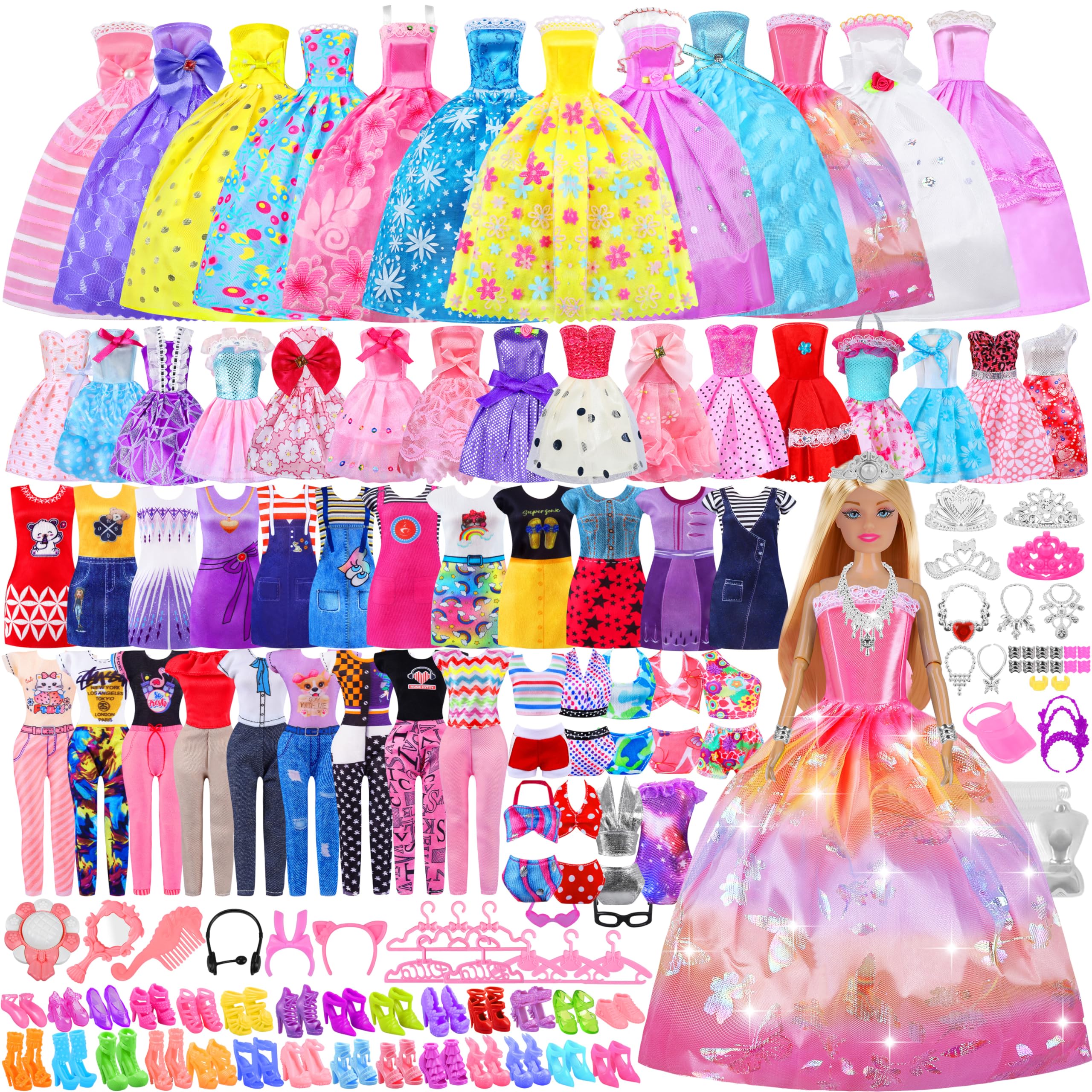 135 Teile Puppenkleidung und Zubehör mit Puppe, Prinzessinnenkleidern, modischen Kleidern, Unterkleidern, Oberteilen, Hosen, Overalls, Badeanzügen, Schuhen, Kleiderbügeln, Puppen-Anziehspielzeug für Mädchen, Kinder und Kleinkinder als Spielzeuggeschenke