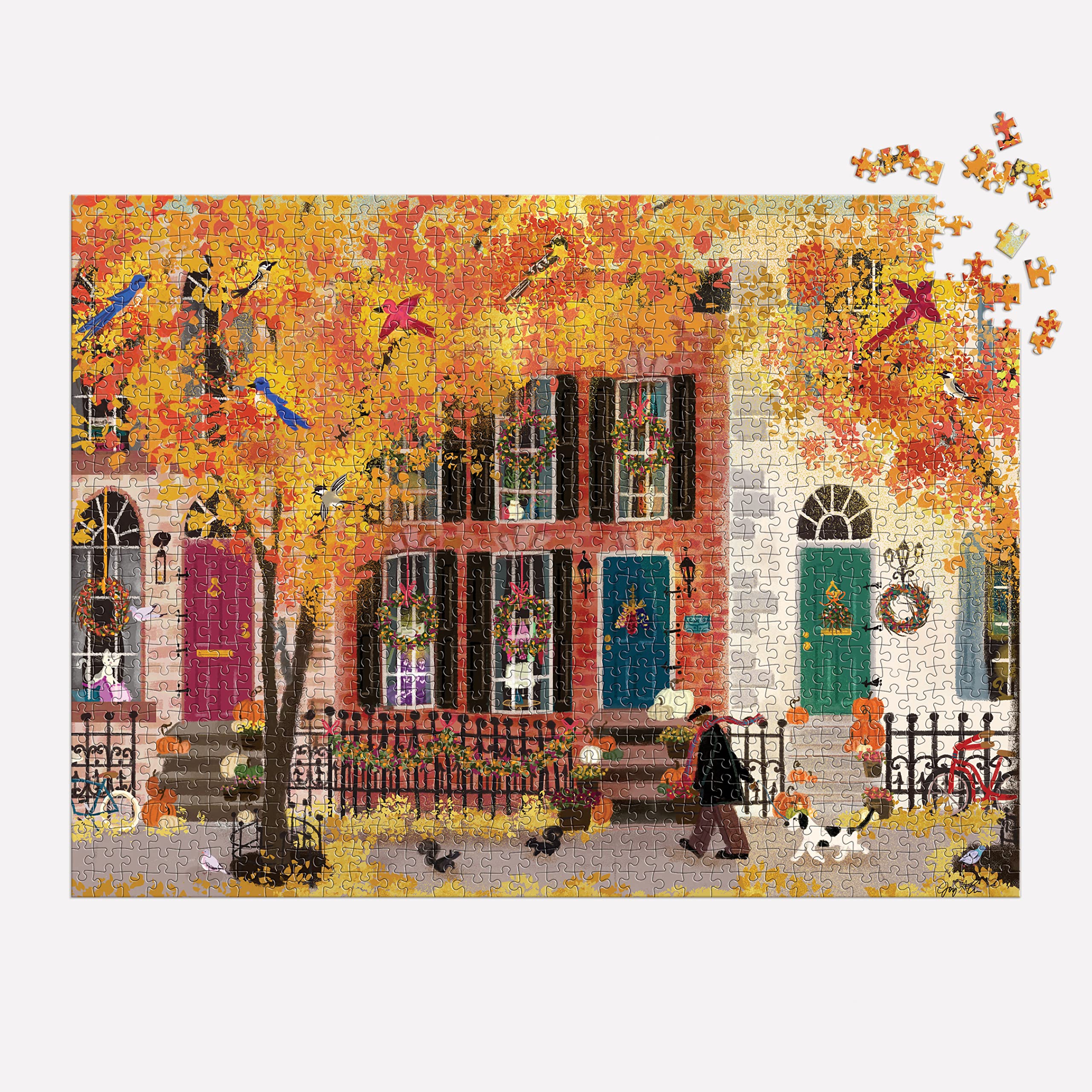 Galison Autumn in The Neighborhood 1000 Piece Puzzle from Galison - 27" x 20" Beautifully Illustrated Puzzle from Joy LaForme, Thick & Sturdy Pieces, Challenging Activity for Adults, Unique Gift Idea!