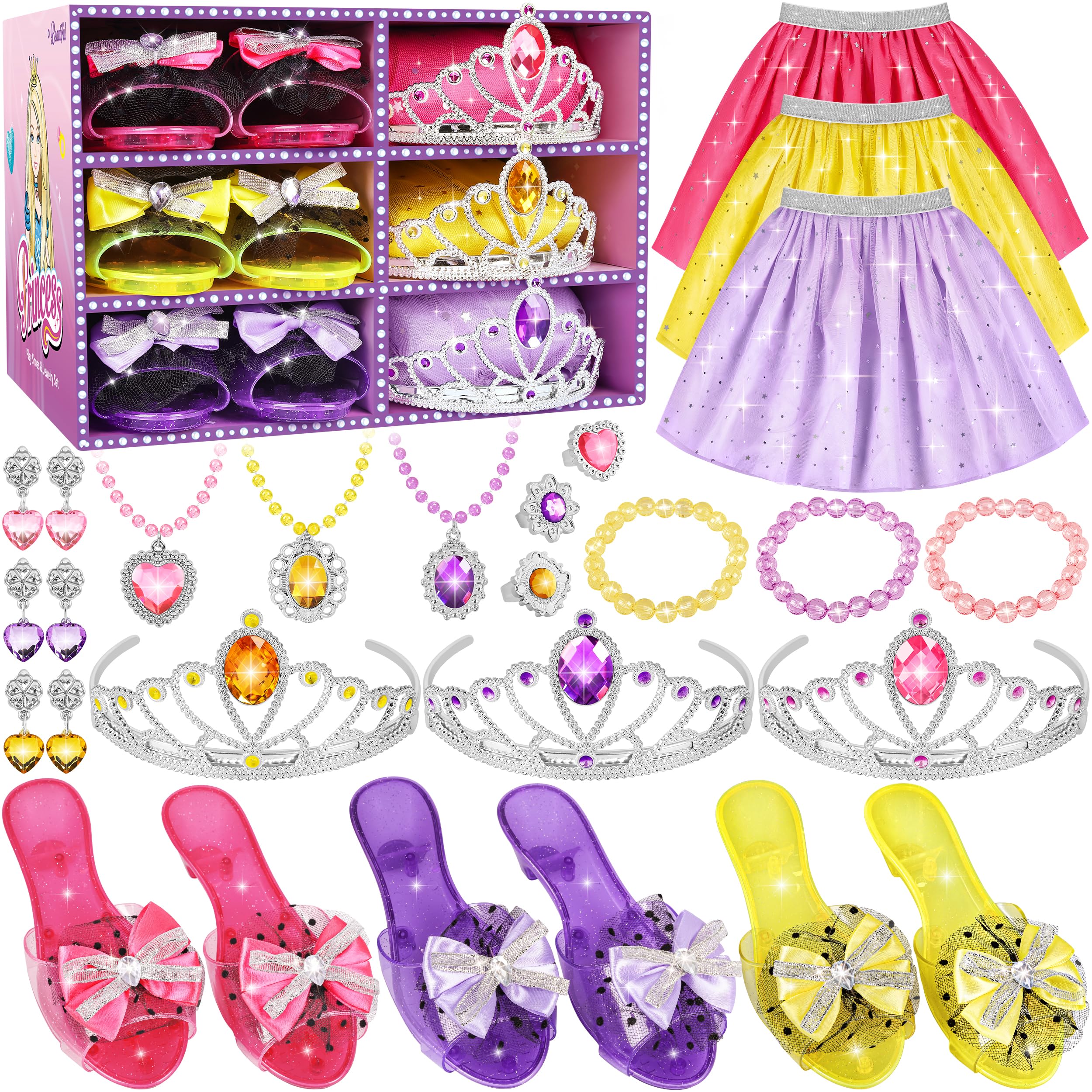 LJZJ Princess Dress Up Toys & Jewelry Boutique, Costumes Set incl Color Skirts, Shoes, Crowns, Accessories, Girls Role Play Gift for 3 4 5 6 Year old Girl Toddler B-day Party Favors
