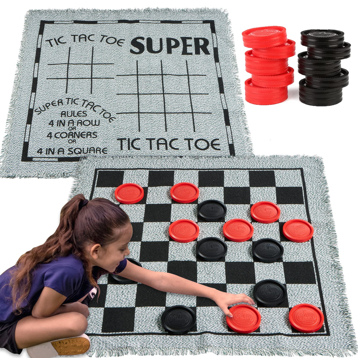 3-in-1 Riesen-Dame, Tic-Tac-Toe im Vintage-Stil, mit wendbarer Matte, 24 Spielsteinen, Familienspiel, Rasenspiel, BBQ-Partygeschenk, Aktivität für drinnen und draußen für Kinder und Erwachsene