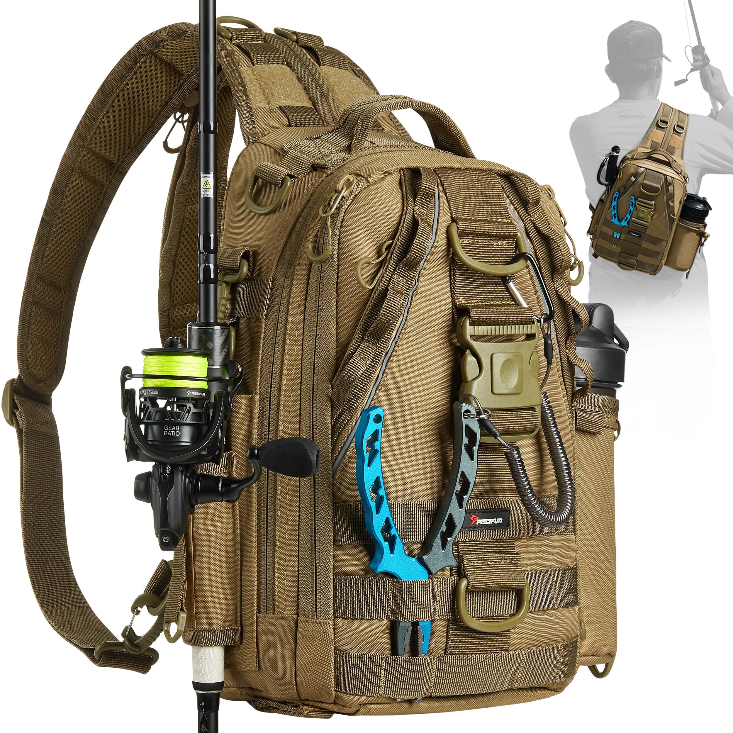 Piscifun Angelrucksack mit Ruten- und Gerätehalter, leichter, wasserabweisender Angel-Schultertasche für Outdoor
