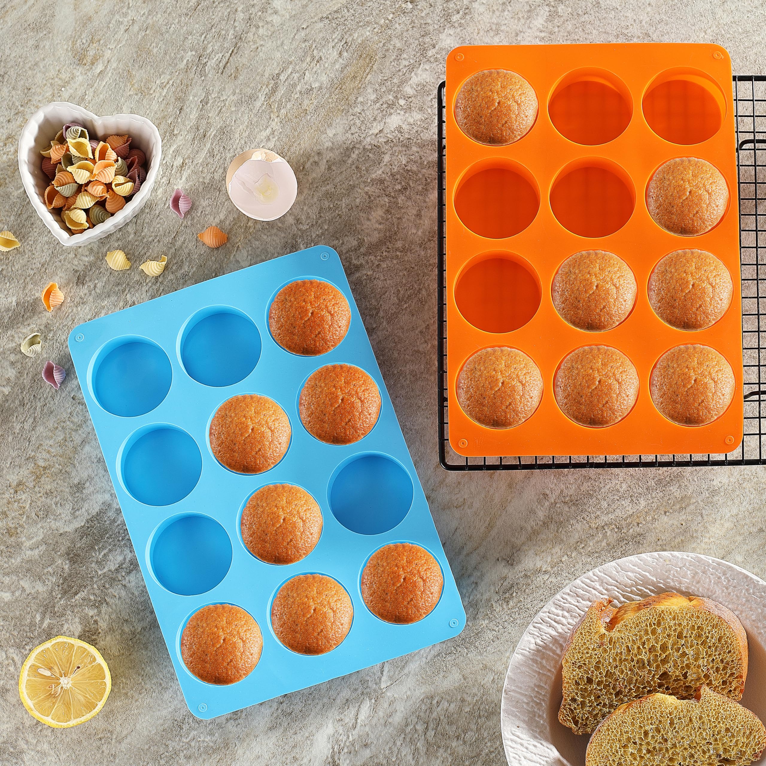 2PCS Silicone Oreo Molds, LCCOWOT 12 Cavity Cookie Chocolate Round Silicone Mold, Baking Mold for Chocolate, Oreo, Cookie, Cany, Mini Cake, Dishwasher Safe (Orange+Blue)