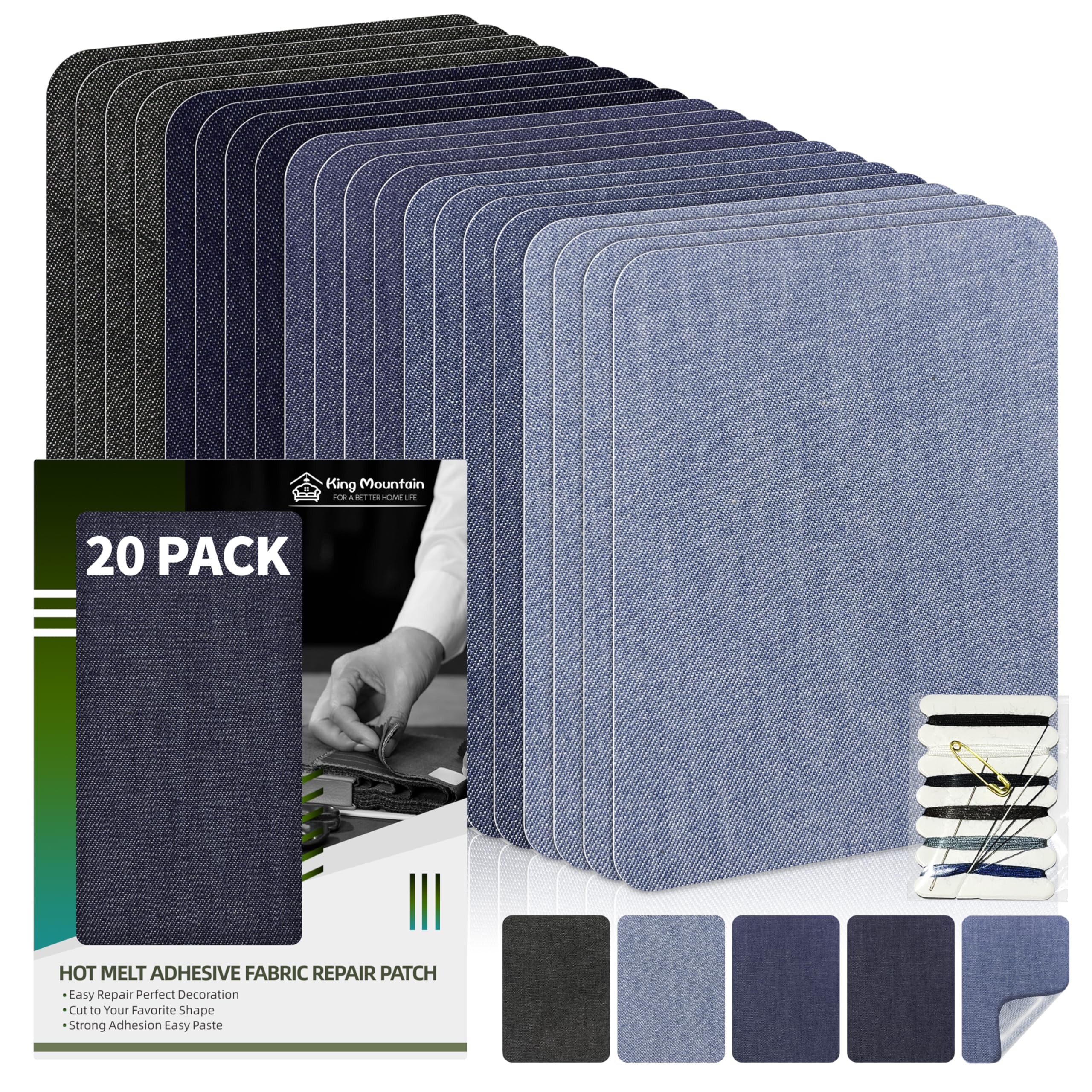 KING MOUNTAIN Iron-on Repair Patch 20 Pcs Pack,Denim Patches for Jeans Kit 3" by 4-1/4", 100% Cotton Denim Iron-on Repair Patch,Jeans and Clothing Repair and Decoration Kit (Five Color)