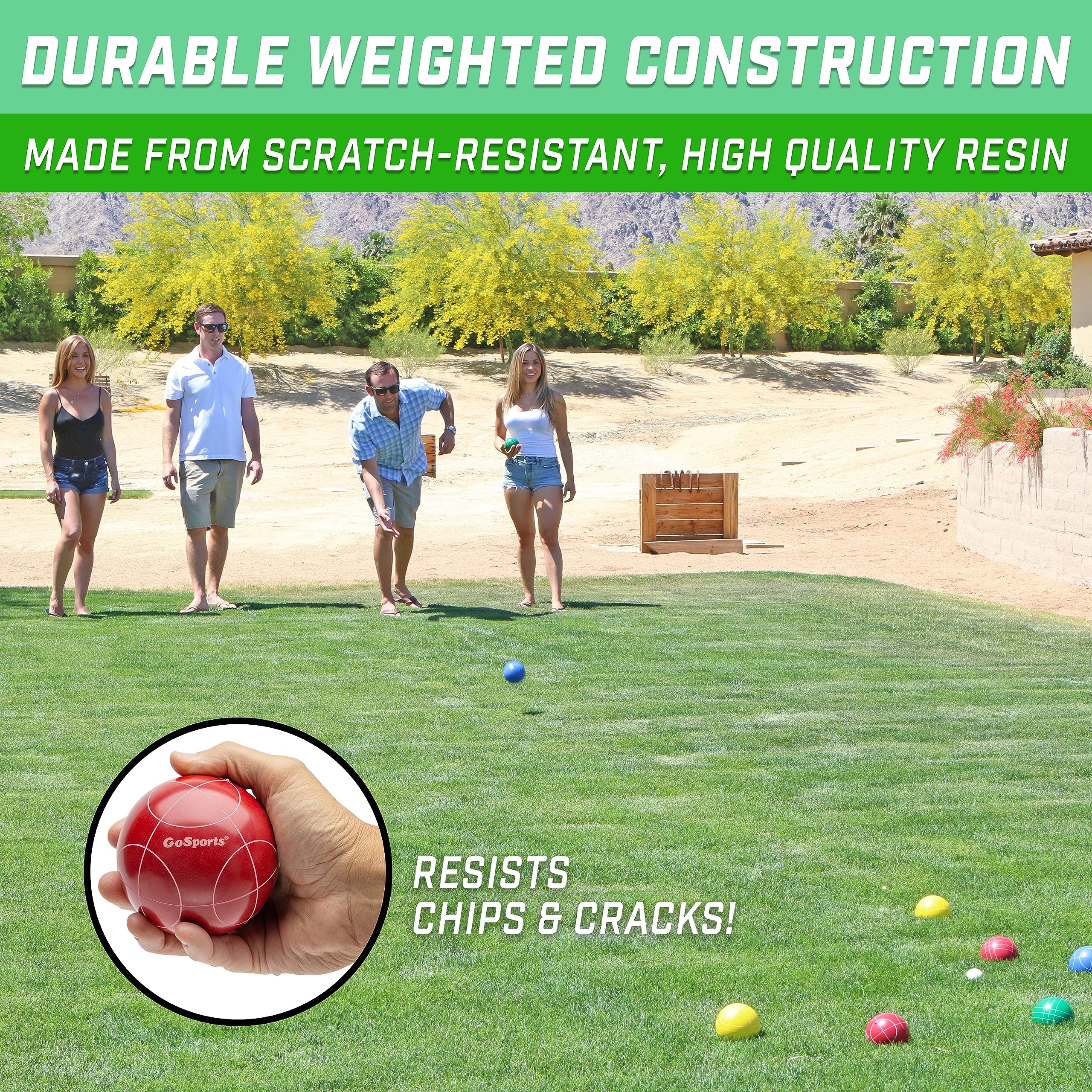 GoSports 90 mm Backyard Bocce Set with 8 Balls, Pallino, Case and Measuring Rope - Made from Premium Resin