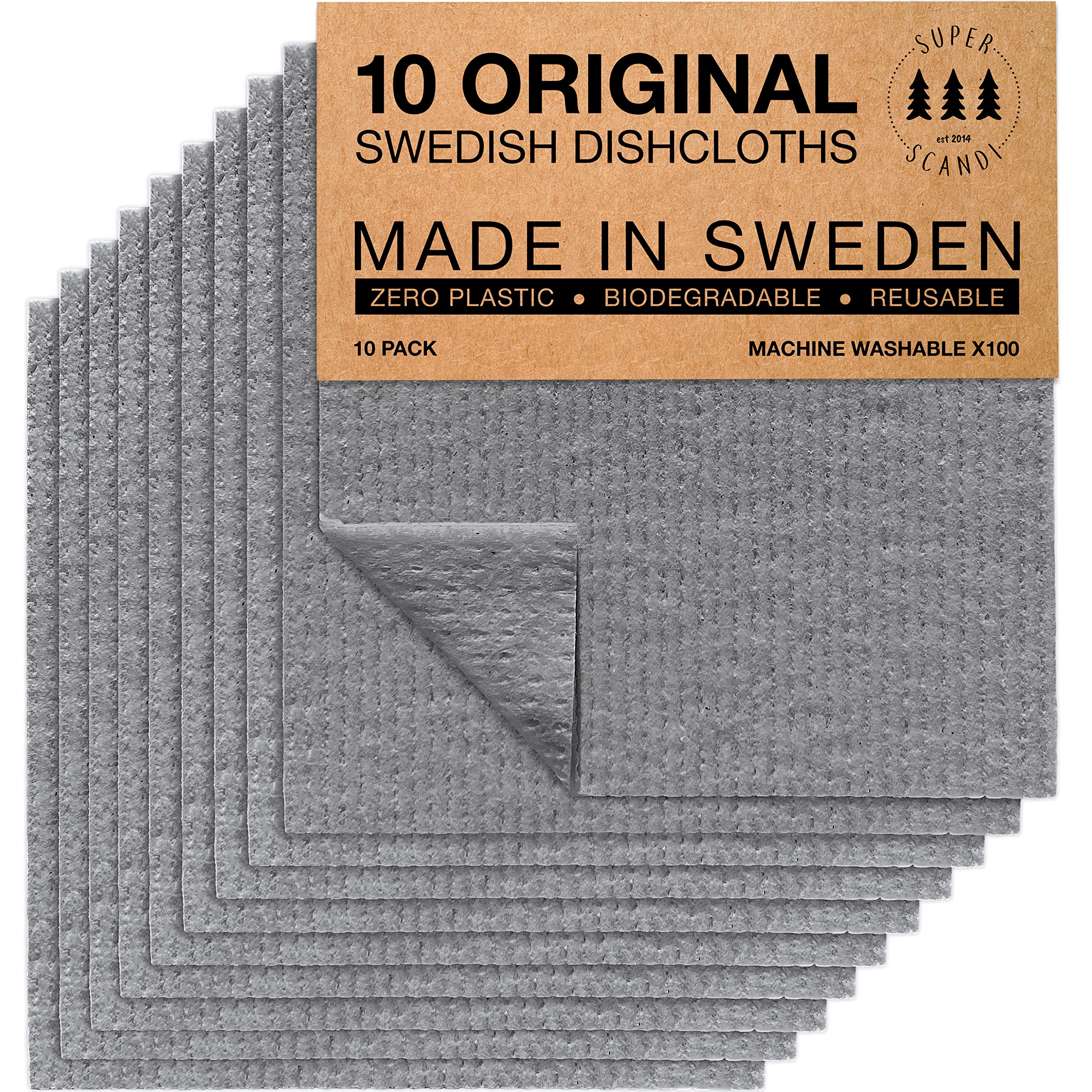 SUPERSCANDI Swedish Dish Cloth 10 Pack Eco Friendly Reusable Sustainable Biodegradable Cellulose Dish Cloths Kitchen Dish Rags Washing Wipes Paper Towel Replacement Washcloths (10 Pack Grey)