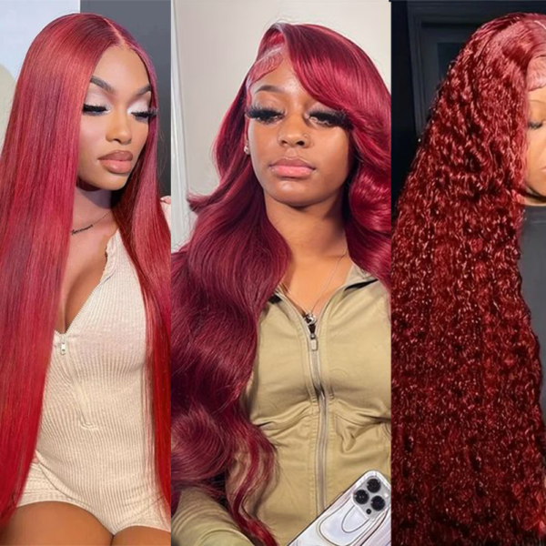 Straight/Body Wave/Deep Wave/Water Wave Burgundy 99j 13Ã4 Transparent Lace Frontal Wig 180% Density