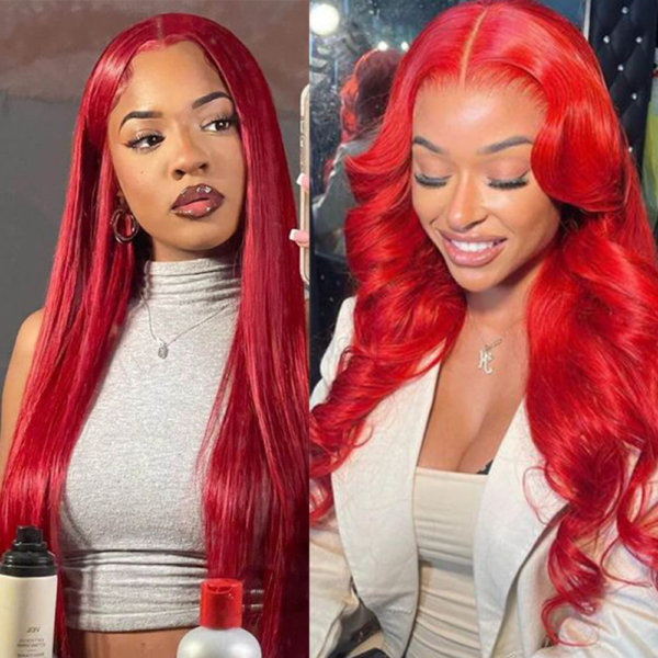 Straight Body Wave Hot Red 13Ã4 Transparent Lace Frontal Wig 180% Density