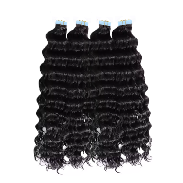 Deep Wave Seamless Tape in Natural Black Hair Extensions 100% Real Human Hair