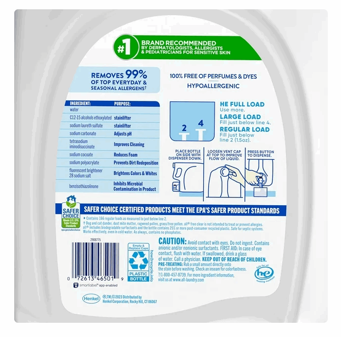 all free clear Liquid Laundry Detergent, The Original, 166 loads, 250 fl. oz.
