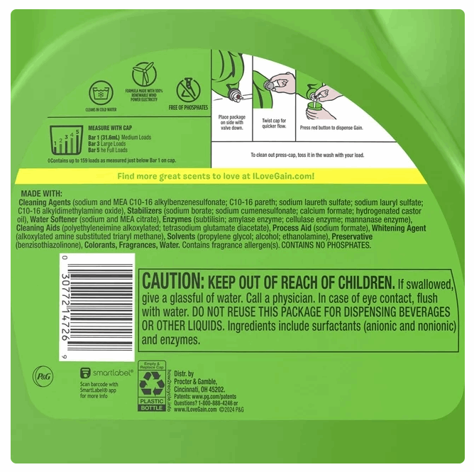 Gain + Oxi Liquid Laundry Detergent, Original, 159 Loads, 170 fl. oz.