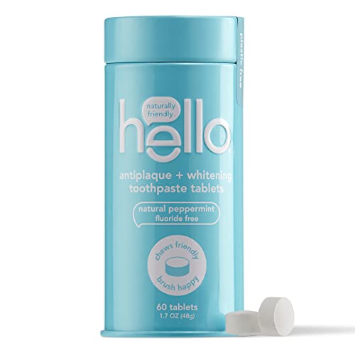 hello Antiplaque & Teeth Whitening Eco Friendly Travel Toothpaste Tablets, Natural Peppermint Flavor, Fluoride Free, TSA Compliant, Vegan, SLS Free, Plastic-Free, 60 Tablets