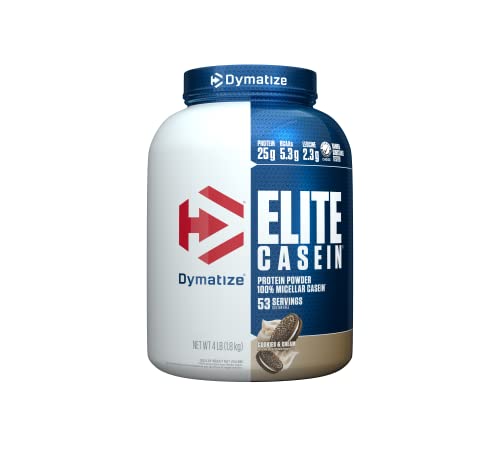 Dymatize Elite Casein Protein Powder, Slow Absorbing with Muscle Building Amino Acids, 100% Micellar Casein, 25g Protein, 5.4g BCAAs & 2.3g Leucine, Helps Overnight Recovery, Rich Chocolate, 4 Pound