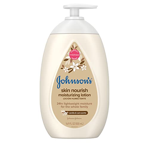 Johnsons Skin Nourish Moisturizing Baby Lotion for Dry Skin with Vanilla & Oat Scents, Gentle & Lightweight Body Lotion for The Whole Family, Hypoallergenic, Dye-Free, 16.9 fl. oz