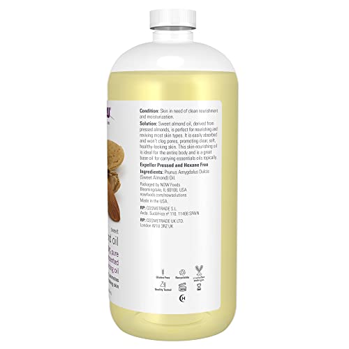 NOW Solutions, Sweet Almond Oil, 100% Pure Moisturizing Oil, Promotes Healthy-Looking Skin, Unscented Oil, 32-Ounce