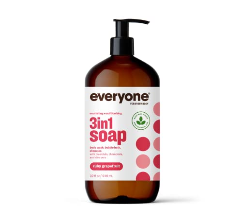 Everyone 3-in-1 Soap, Body Wash, Bubble Bath, Shampoo, 32 Ounce (Pack of 2), Ruby Grapefruit, Coconut Cleanser with Plant Extracts and Pure Essential Oils