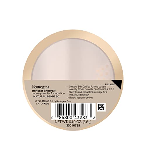 Neutrogena Mineral Sheers Lightweight Loose Powder Makeup Foundation with Vitamins A, C, & E, Sheer to Medium Buildable Coverage, Skin Tone Enhancer, Face Redness Reducer, Classic Ivory 10,.19 oz