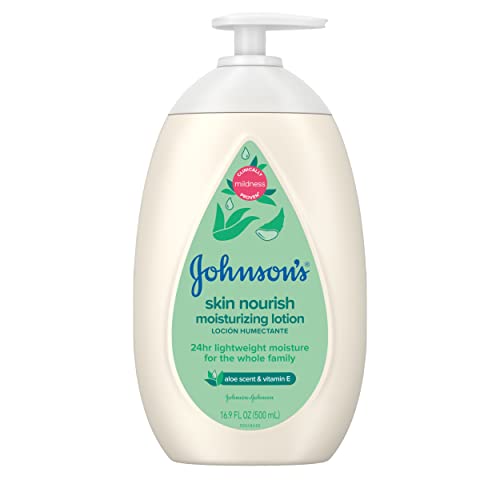 Johnsons Skin Nourish Moisturizing Baby Lotion with Aloe Vera Scent & Vitamin E, Gentle & Lightweight Body Lotion for The Whole Family, Hypoallergenic, Dye-Free, 16.9 fl. oz