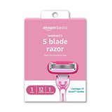 Amazon Basics Women's 5 Blade FITS Razor, Fits Amazon Basics and Venus Handles, Includes 1 FITS Handle, 12 Cartridges & 1 Shower Hanger, Pink