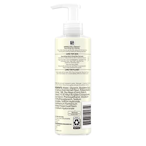 Aveeno Calm + Restore Nourishing Oat Face Cleanser for Sensitive Skin, Gentle Milky Cleanser with Nourishing Oat & Feverfew, to Preserve Skins Moisture Barrier, Fragrance-Free, 7.8 fl. oz