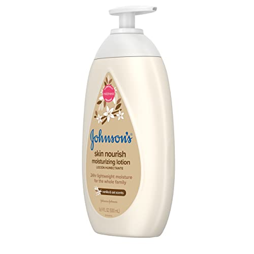 Johnsons Skin Nourish Moisturizing Baby Lotion for Dry Skin with Vanilla & Oat Scents, Gentle & Lightweight Body Lotion for The Whole Family, Hypoallergenic, Dye-Free, 16.9 fl. oz