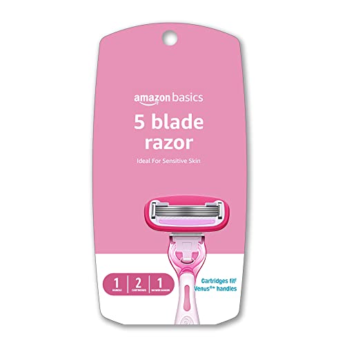 Amazon Basics Women's 5 Blade FITS Razor, Fits Amazon Basics and Venus Handles, Includes 1 FITS Handle, 12 Cartridges & 1 Shower Hanger, Pink