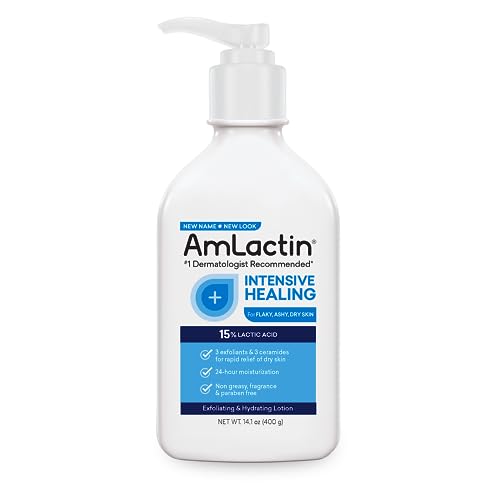 AmLactin Intensive Healing Body Lotion for Dry Skin – 14.1 oz Pump Bottle – 2-in-1 Exfoliator & Moisturizer with Ceramides & 15% Lactic Acid for Relief from Dry Skin (Packaging May Vary)