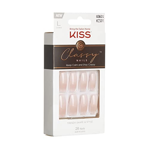 KISS Classy French Nail Manicure Kit with Gel Finish, Medium, Coffin Shaped, Includes Pink Nail Glue (Net Wt. 2 g / 0.07oz.), Mini Nail File, Manicure Stick, and 28 Fake Nails, 'Cozy Meets Cute', 28 Count