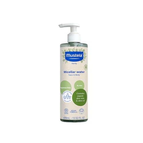 Mustela Certified Organic Micellar Cleansing Water -No-Rinse Natural Water Cleanser w/ Olive Oil & Aloe Vera - For Baby, Kid & Adult - Fragrance Free, EWG Verified & Vegan -13.5 oz-Packaging may vary