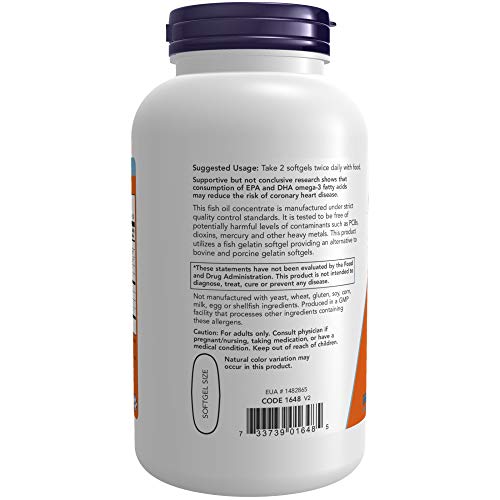 NOW Supplements, Omega-3 180 EPA / 120 DHA, Molecularly Distilled, Cardiovascular Support, 200-Fish Gelatin Softgels,Packaging may vary