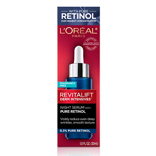 LOreal Paris Revitalift 0.3% Pure Retinol Night Serum, Reduce Deep Wrinkles, Fragrance Free 1 oz + Moisturizer Sample