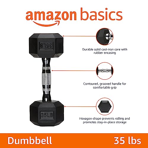 Amazon Basics Rubber Encased Exercise & Fitness Hex Dumbbell, Hand Weight for Strength Training, 35 Pounds, Black & Silver, 13.3x6.1x5.3"