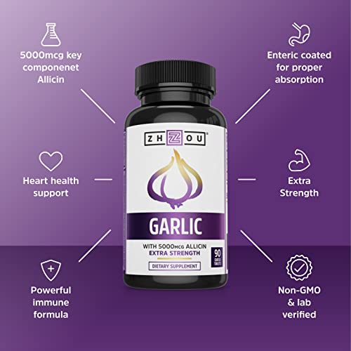 Zhou Nutrition Garlic Supplement With Allicin, Extra Strength 5000mcg Allicin Per Serving, Support Immune System, Blood Pressure And Cholesterol Health, 90 Servings