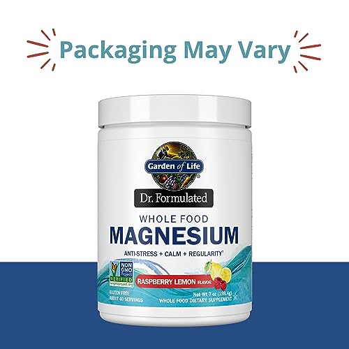 Garden of Life Dr. Formulated Whole Food Magnesium 421.5g Powder, Raspberry Lemon, Chelated Non-GMO Vegan Kosher Gluten & Sugar Free Supplement with Probiotics, Best for Anti-Stress Calm & Regularity