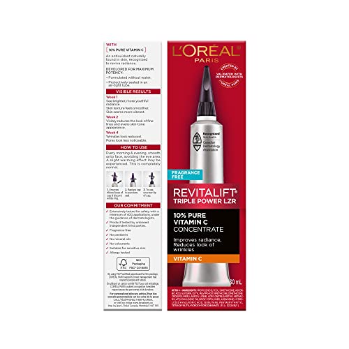 LOreal Paris Revitalift 10% Pure Vitamin C Face Serum, Brighter Skin, Reduced Wrinkles, Fragrance Free 1 0z.